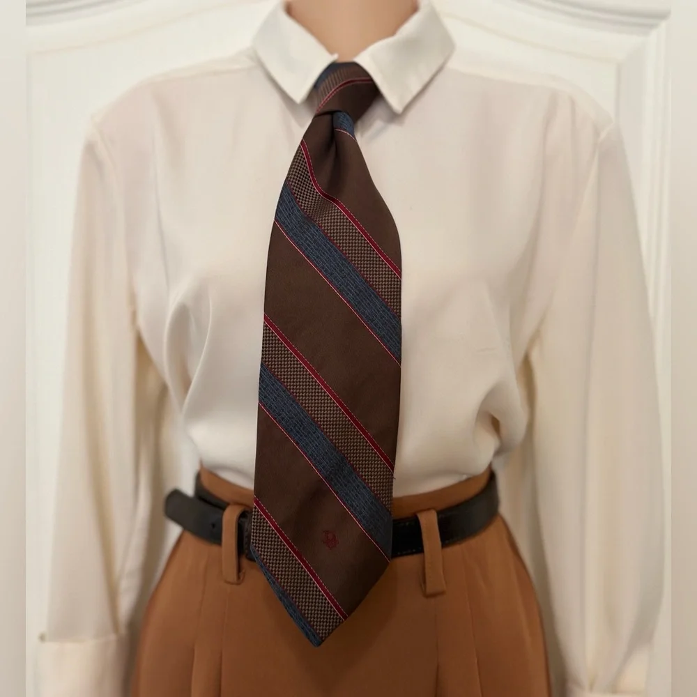 VTG 70s 80s Christian Dior Monsieur Brown Red Blue Striped Tie, Red Dior Logo